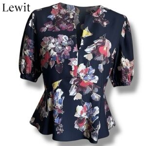 LEWIT Navy Night Sheridan Puffed Sleeve 100% Silk Blouse Floral Print | Size L
